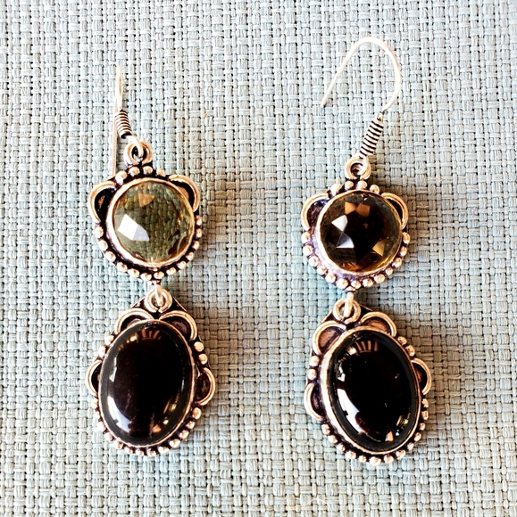 New Black Onyx and Peach Quartz Silver Earrings. - Picture 8 of 12